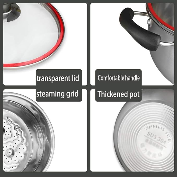 2-Piece cookware Set Stainless Steel Soup Pot Mini Steamer with Tempered Glass lid Sturdy Handle Suitable for All Gas Induction cookers Easy to Clean Cookware