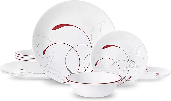 Triple-Layer Glass Dinnerware Sets 12-Piece: Dark Red Hairline Pattern 4-Person Plates and Bowls Set Durable &amp Stackable Dishwasher &amp Oven Safe