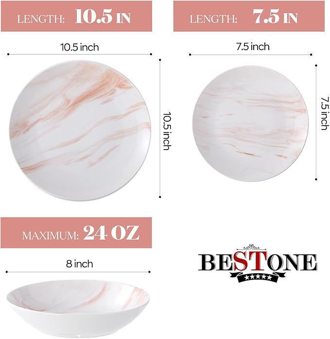 Bestone 12 Pieces Round Kitchen Dinnerware SetsPlates and Bowls setsDishes Plates Bowls Dish SetPlates and BowlsService for 4 Orange and White Marble
