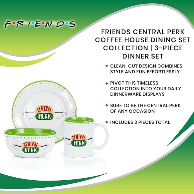 Friends Central Perk Coffee House Themed Dinnerware Dining Set | Official Friends Collectible Ceramic Display | Includes Plate Bowl And Mug | 3-Piece Set