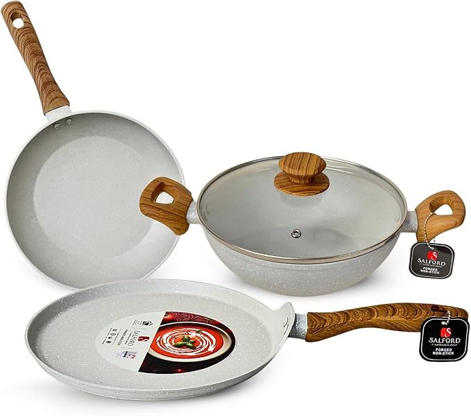 SALFORD Non-Stick Pots and Pans Cookware Set (3+1 piece)- Kitchen Cooking Sets Aluminium Deep Frying Pan + Skillet + Crepe pan Induction Compatible &amp Gas (PFOS PFOA Free)