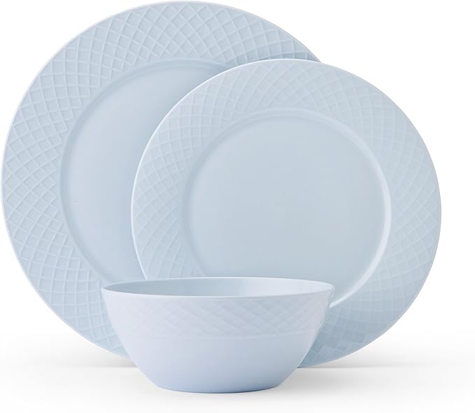 Mikasa Trellis Pastel Bone China Lightweight Chip Resistant 12 Piece Dinnerware Set Service for 4 Misty Blue