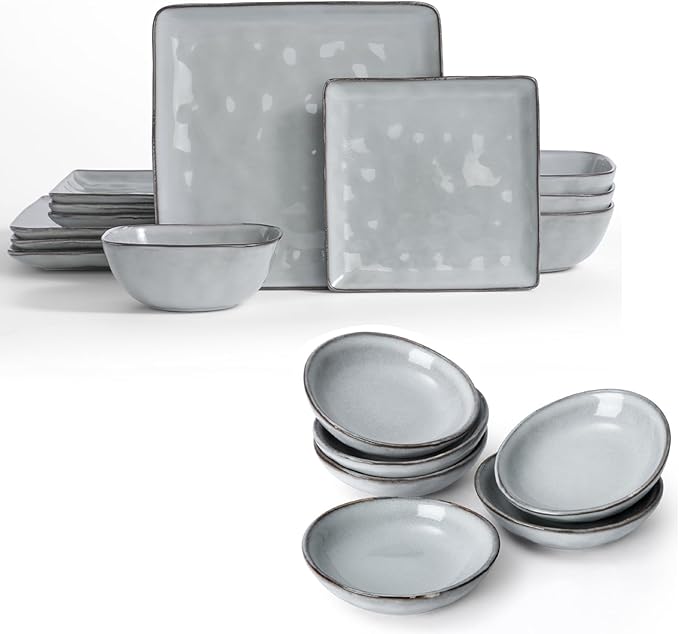 Famiware Ocean Square 12 Pieces Dinnerware Set + 6 Pieces Oval Dipping Bowl Set Microwave and Dishwasher Safe Grey