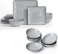 Famiware Ocean Square 12 Pieces Dinnerware Set + 6 Pieces Oval Dipping Bowl Set Microwave and Dishwasher Safe Grey