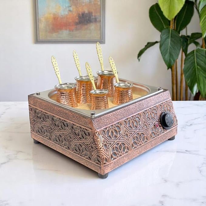 Traditional Handcrafted Copper Sand Coffee Maker Machine – With 5-Pots – 1000 Watt 110 Volt – Authentic Turkish Coffee Experience rich in foam