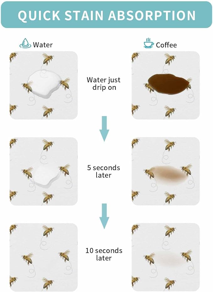 Coffee Mat for Counter Spring Bees Pattern Yellow Stripes Absorbent Hide Stain Coffee Bar Mat Non-slip Coffee Bar Accessories Kitchen Drying Mat Fit Under Coffee Maker Espresso Machine