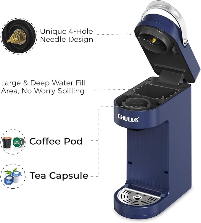 CHULUX Slim Single Serve Coffee Maker for K Pods One Cup Coffee Maker Fits 7.3 Travel Mugs Coffee Machine with 6 to 12oz Brew Sizes Navy Blue