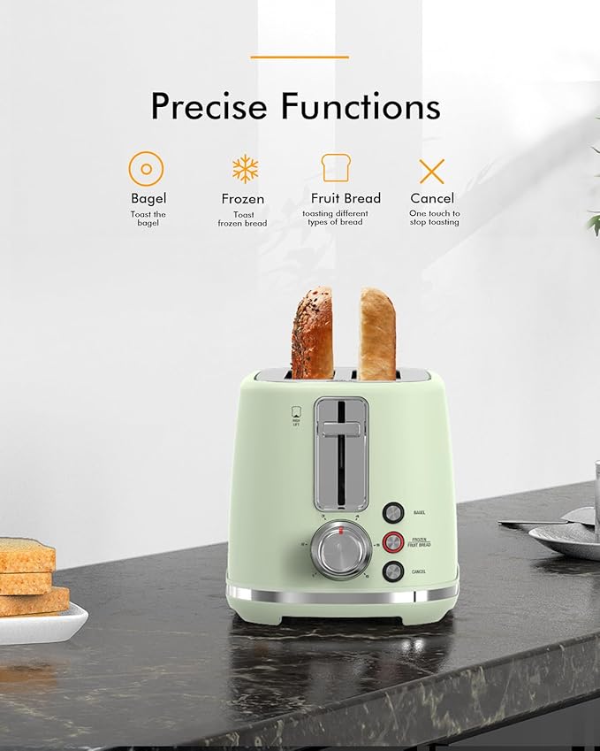 2 Slice Toaster Wide Slot - High Lift Auto Off Frozen Mode Easy Clean Green