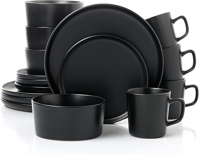 16 Piece Stoneware Dinnerware Set – Modern Matte Finish Plates and Bowls Microwave &amp Dishwasher Safe Service for 4 (Black)