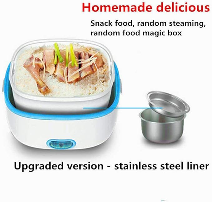 Multifunctional Electric Lunch Box Mini Rice Cooker Portable Food Heater Steamer with Stainless Steel Bowls Egg Steaming Rack Spoon Measuring Cup for Use in Office Outdoor School