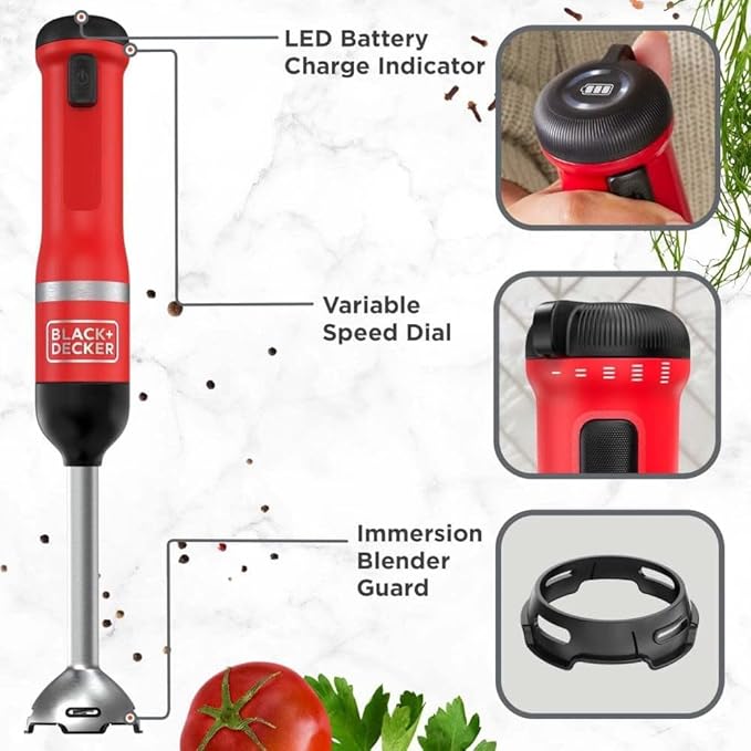 BLACK+DECKER Kitchen Wand Cordless Immersion Blender Hand Blender with Charging Dock Red (BCKM1011K06)