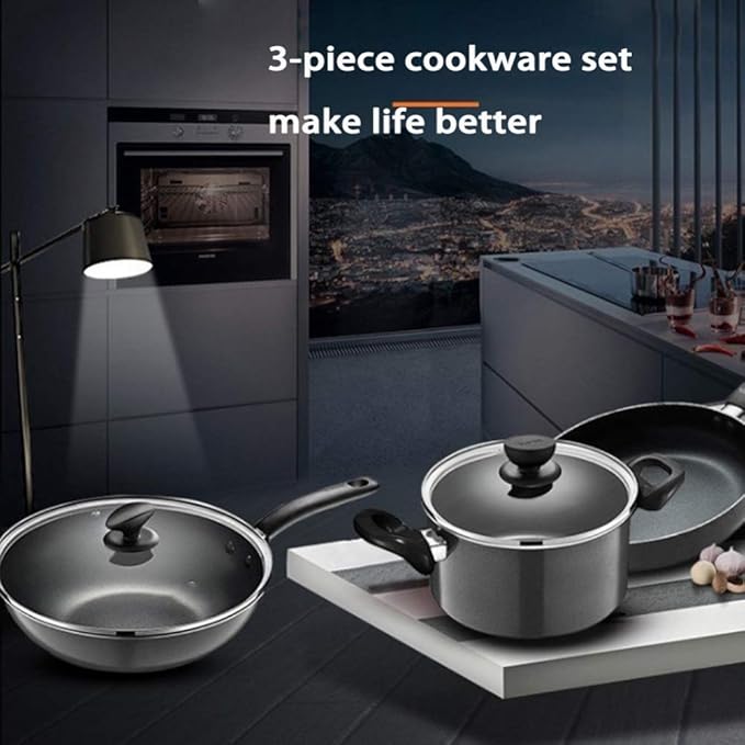 3 Pc Cookware Set Non Stick Coating Induction Pan Setswith Tempered Glass Cover Non-Scald HandleSuitable for Many Kinds of Gas Including Induction Cooker. E