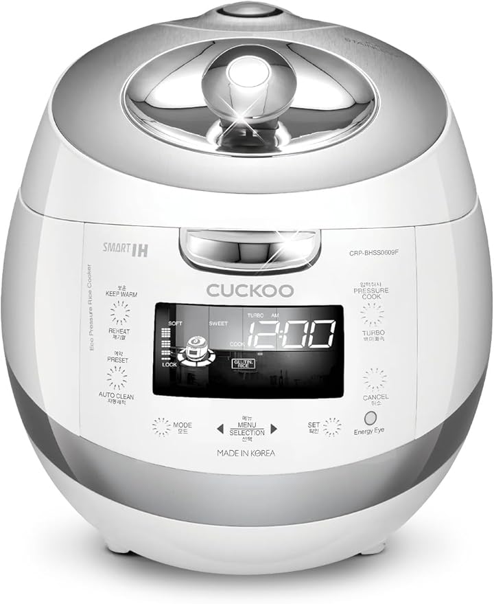 CUCKOO High Pressure Rice Cooker 6-Cup Uncooked / 12-Cup Cooked with Induction Heating Technology Versatile Rice Maker with 16 Menu Options and Steam Plate Voice Guide White (CRP-BHSS0609F)