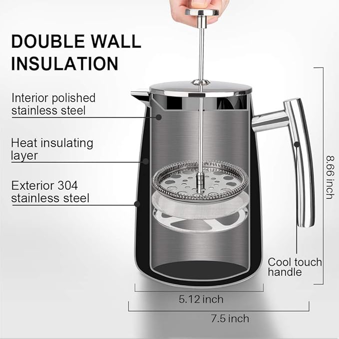 Secura French Press Coffee Maker 34-Ounce 304 Stainless Steel Insulated Coffee Press with Extra Screen