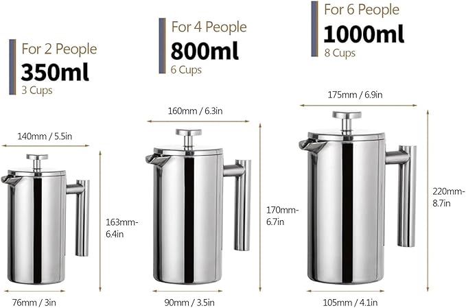 350ml/800ml/1000ml Coffee Maker Pot Press Stainless Steel Double Walled Insulated(800ml)