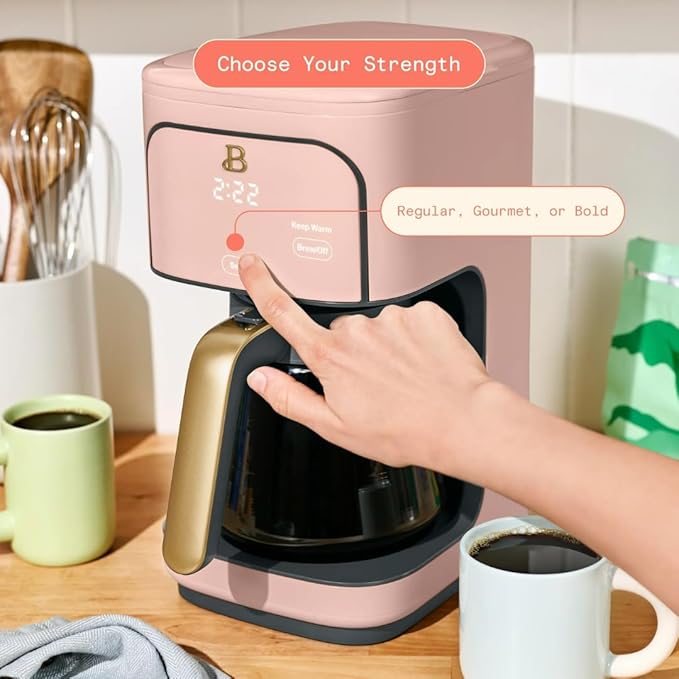 12 Cup Programmable Coffee Maker 24 Hour Auto Brew Touch Display Bold Strength Control Glass Carafe Reusable Filter Auto Shut Off (Rose)