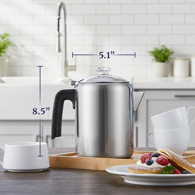 Elite Gourmet EC008 Classic Stovetop Coffee Percolator Glass Clear Brew Progress Knob Cool-Touch Handle Cordless Serve 8-Cup Stainless Steel