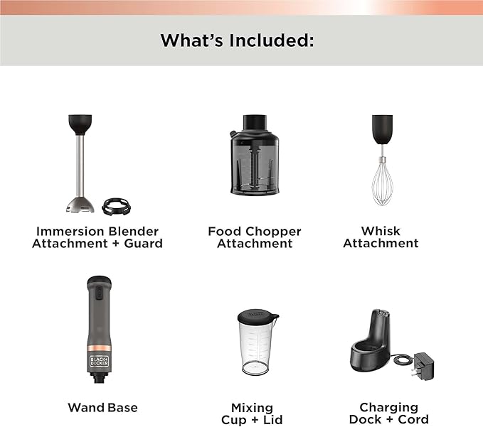 BLACK+DECKER Kitchen Wand Cordless Immersion Blender 3 in 1 Multi Tool Set Hand Blender with Charging Dock Whisk and Chopper Grey (BCKM1013K01)