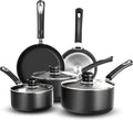 KICHLY Kitchen Pots and Pans Set Non Stick 5pcs Induction Frying Pans 20cm 28cm Saucepan with Lids 20cm 18cm Non Induction Saucepan 16cm Bakelite Handles Oven and Dishwasher Safe Pots Set Black