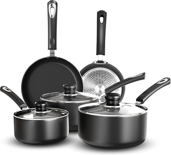 KICHLY Kitchen Pots and Pans Set Non Stick 5pcs Induction Frying Pans 20cm 28cm Saucepan with Lids 20cm 18cm Non Induction Saucepan 16cm Bakelite Handles Oven and Dishwasher Safe Pots Set Black