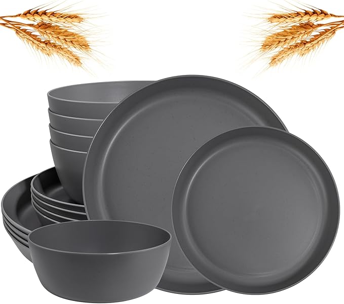 EI 12pcs Wheat Straw Dinnerware Set of 4Kitchen Plates and BowlsReuasble PlatesUnbreakable Dinner PlateHard Premium Plastic Plate for CampingPicnincHalloween