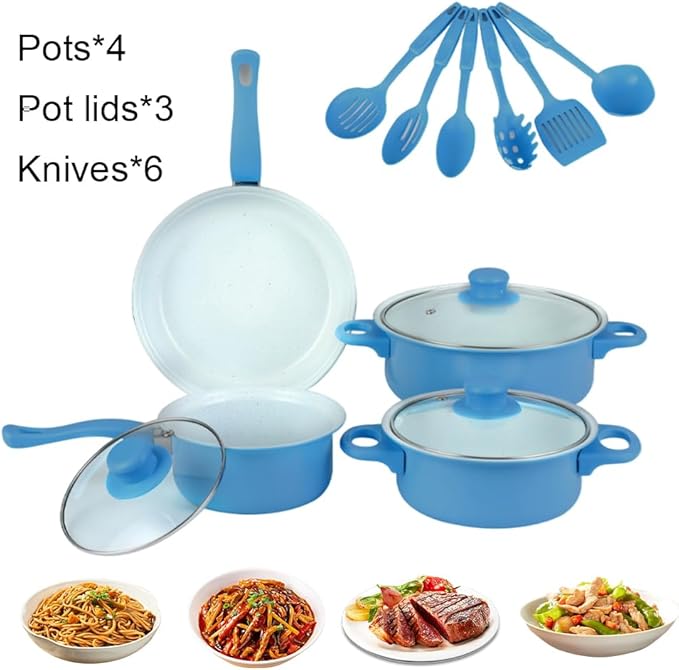 13 Piece Set Cookware Set Non-Stick Portable Lightweight Iron Pots and Pans with Glass Lids and Nylon Utensils for Outdoor Camping Picnic Travel Cookware