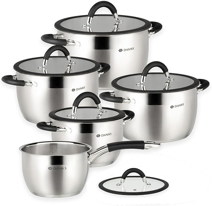 Daniks Orlando 10-Piece Stainless Steel Cookware Set with Glass Lids Includes Saucepan Tri-Ply Bases for Even Heating Induction Compatible Dishwasher Safe Heatproof Handles