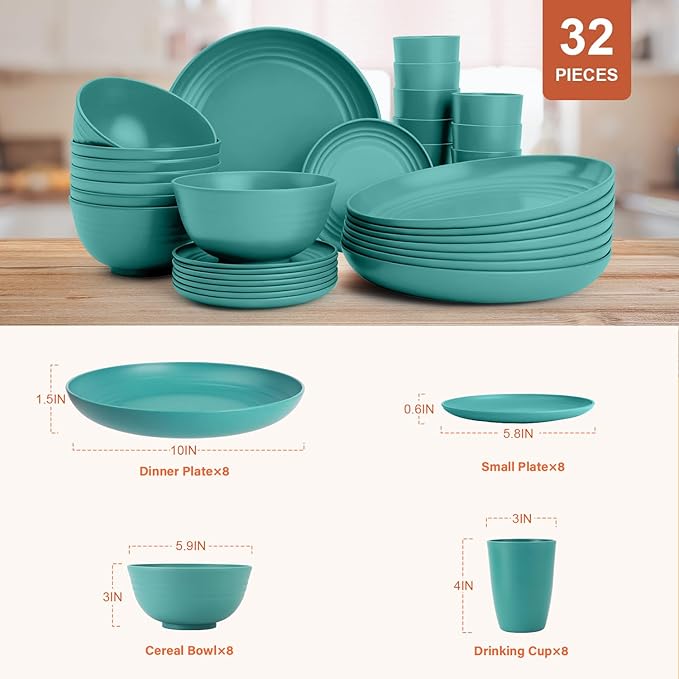 Wheat Straw Dinnerware Sets 32-Piece Service for 8 Unbreakable Kitchen Dishes Set Plastic Plates and Bowls Set with Cups Microwave and Dishwasher Safe Dishware Set for Party- Green