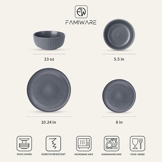 Famiware Starlight Plates and Bowls Dishes Set of 4 (12 Pieces) Ribbed Textured Stoneware Dinnerware Sets- Dishwasher &amp Microwave Safe Chip Resistant Matte Midnight Grey