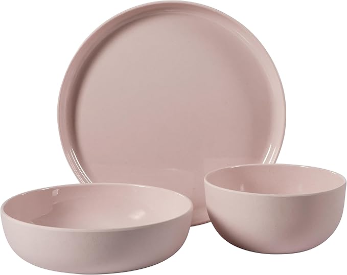 Gibson Home Candy Skies 12 Piece Unbreakable Wheat Straw Melamine Plates and Bowls Dinnerware Set - Outdoor Camping &amp Everyday Use - Matte Exterior/Shiny Interior Pink