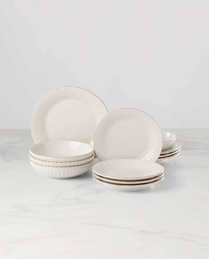 Lenox 891196 French Perle Groove White 12-Piece Pasta Bowl Dinnerware Set Service For 4