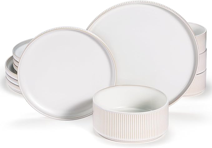 Ceramic Dinnerware Set by Vase and Vessel 12-Piece Service for 4 9.8” Dinner Plates 8” Salad Plates 20 oz Bowls Ombre Reactive Glaze Durable Stoneware Microwave &amp Dishwasher (Powder White)
