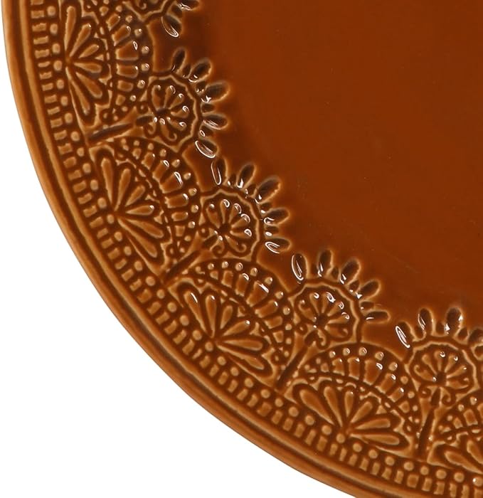 Retro Lace Ceramic Dinnerware Set 12-Piece Embossed Pattern Caramel Glaze Microwave &amp Dishwasher Safe for Daily Dining &amp Holiday Gatherings Includes Dinner &amp Salad Plates Bowls