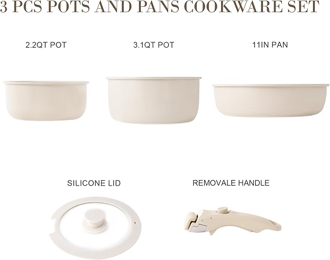VONIKI Cooking Pots and Pans Detachable handle Ceramic Cookware Sets Removable Handle Kitchen Cookware Set Non Toxic Pot And Pan Oven &amp Dishwasher Safe