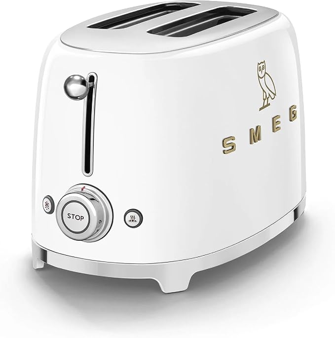 Smeg 2-Slice Toaster Stainless Steel OVO Collection Two Slice Toaster with 6 Presets and Removable Crumb Tray (Glossy White) (Renewed)