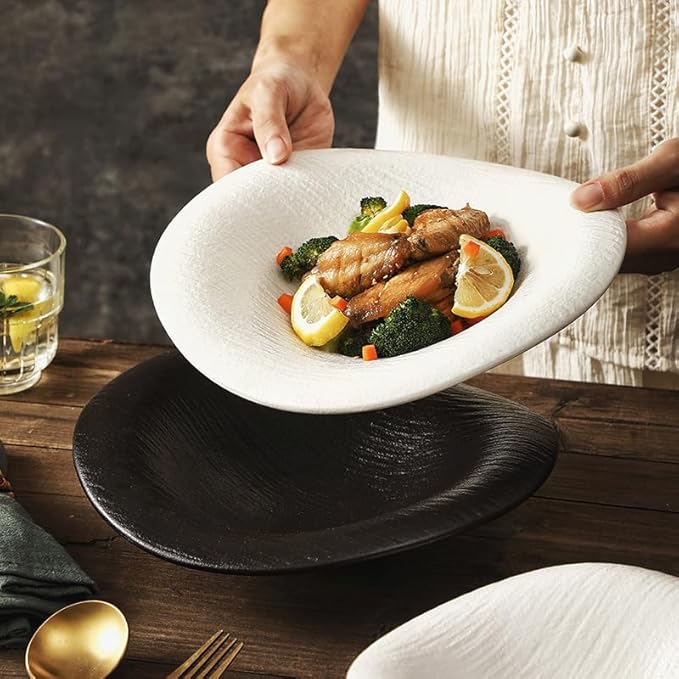 Ceramic Dinnerware Set Stone Textured Cloud and Snowflake Design Irregular Shape White Includes Plates and Bowls for Salads Desserts Pasta (White 10 inches)