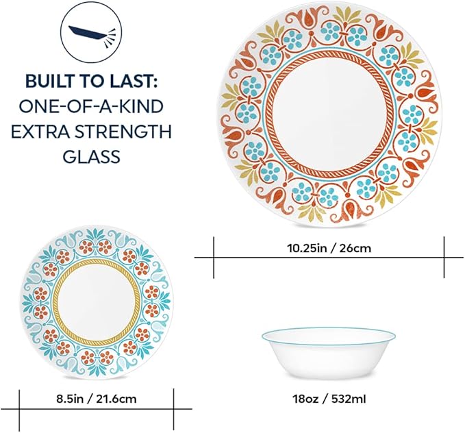 Corelle Global Collection Vitrelle 12-Piece Dinnerware Set Triple Layer Recycled Glass Lightweight Eco-Friendly Round Plates and Bowls Set Terracotta Dreams
