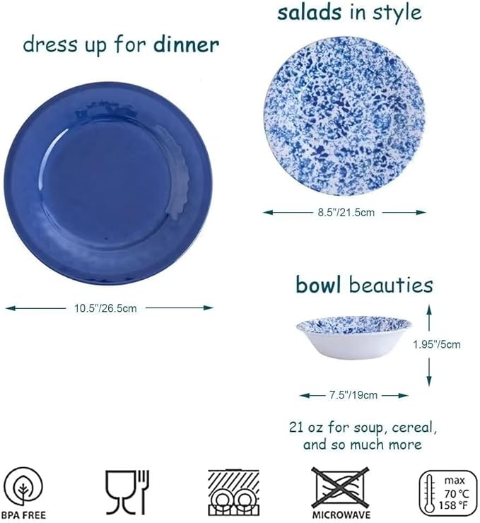 Melamine Dinnerware Set 12 Piece Service for 4 Blue and White Porcelain Tableware Dishes for Indoor and Outdoor Use Unbreakable Plates and Bowls Sets Dishwasher Safe BPA Free