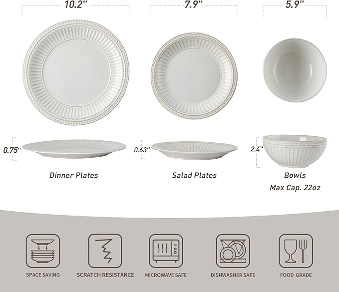 Famiware Garden Plates and Bowls Sets 18-Piece Dishes Set for 6 Scratch Resistant Kitchen Dishes Dinnerware Set - Microwave and Dishwasher Safe Reactive Glaze and Embossed Stoneware White