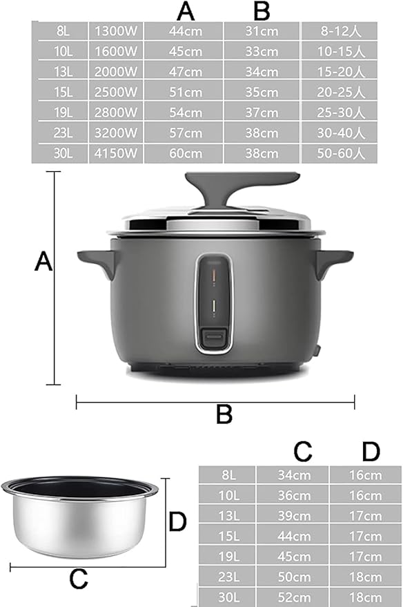 Rice Cooker 8/10/13/15/19/23/30L Large Thickened Honeycomb Black Crystal Non-Stick Inner for Restaurants Hotels (8L) ()
