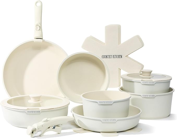 Country Kitchen Cookware Set with Removable Handle Oven &amp RV Safe Pots and Pans Set Cream Deluxe Larger Set