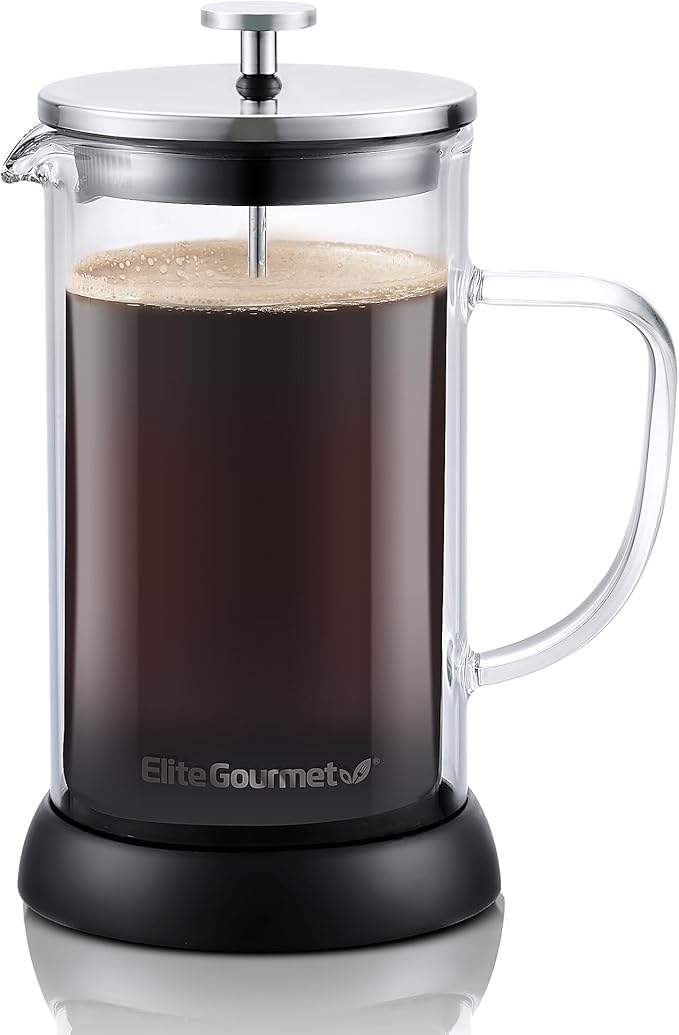 Elite Gourmet FP1223X French Press 34-Ounce Double Wall Insulated Heavy Duty Thick High-Heat Borosilicate Glass BPA-Free Cold Brew Coffee Maker 1-Liter