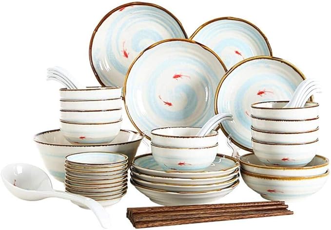 52 Pieces Ceramics Dinner Sets Fish Pattern Plates Bowls Combination for Family Party and Kitchen Restaurant