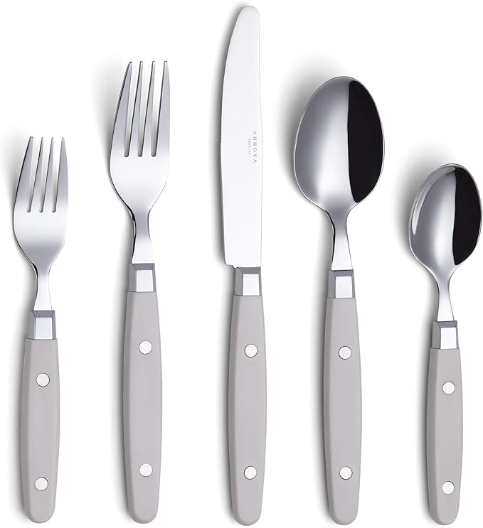 ANNOVA Silverware Set Retro/Rivet Colorful Stainless Steel Tableware Kitchen Flatware Set Utensils Includes Dinner Knives Forks Spoons Salad Forks &amp Dessert Spoons (Cream 20 Pieces)