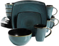 Title: 16-Piece Soft Square Stoneware Dinnerware Set – Teal Green and Black Dish Set Service for 4 Microwave &amp Dishwasher Safe