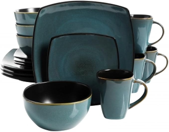Title: 16-Piece Soft Square Stoneware Dinnerware Set – Teal Green and Black Dish Set Service for 4 Microwave &amp Dishwasher Safe