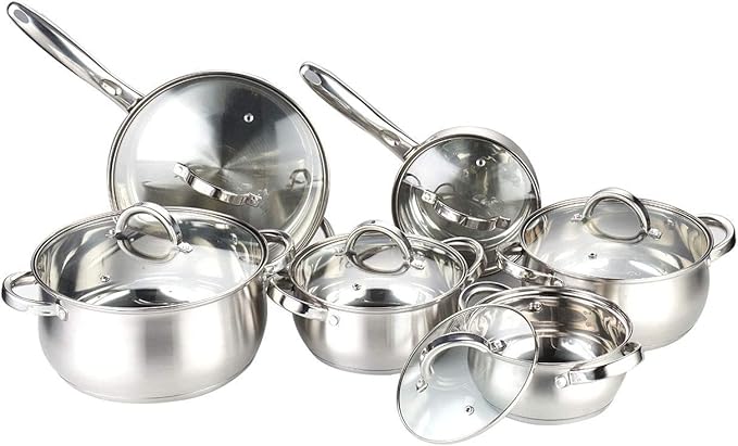W Home 12-Piece Induction Ready Stainless Steel Cookware Sets with Glass Lid Silver on Cookware Sets Stainless Steel