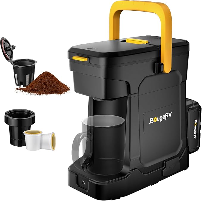 BougeRV Coffee Machine with 18V 8Ah Battery Powered Compatible with K Cup Coffee Pods &amp Ground Cordless Coffee Maker for Travel Camping Outdoor Worker Home