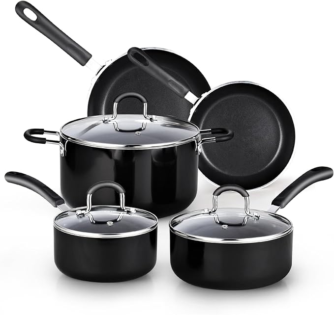 Cook N Home Pots and Pans Nonstick Kitchen Cookware Sets include Saucepan Frying Pan Stockpots 8-Piece Heavy Gauge Stay Cool Handle Black