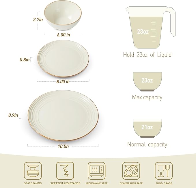 Famiware Jupiter Plates and Bowls Set for 4 16 Pieces Dinnerware Sets 8.5 Pasta Bowls for Serving Vanilla White